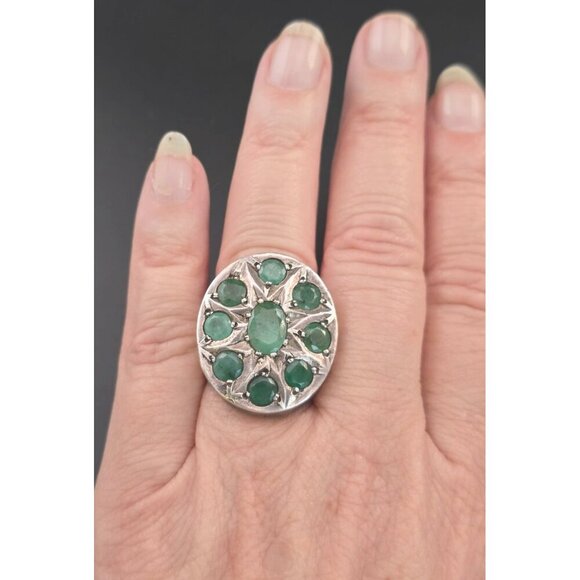 Vintage Estate 925 Sterling Silver & Emerald Ring Large Size 7-1/2 15.2 grams - Picture 4 of 12